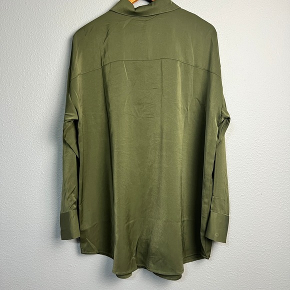NWT Hers & Mine Olive Green Satin Button-Down Shirt Long Sleeve Oversized L - Picture 2 of 12